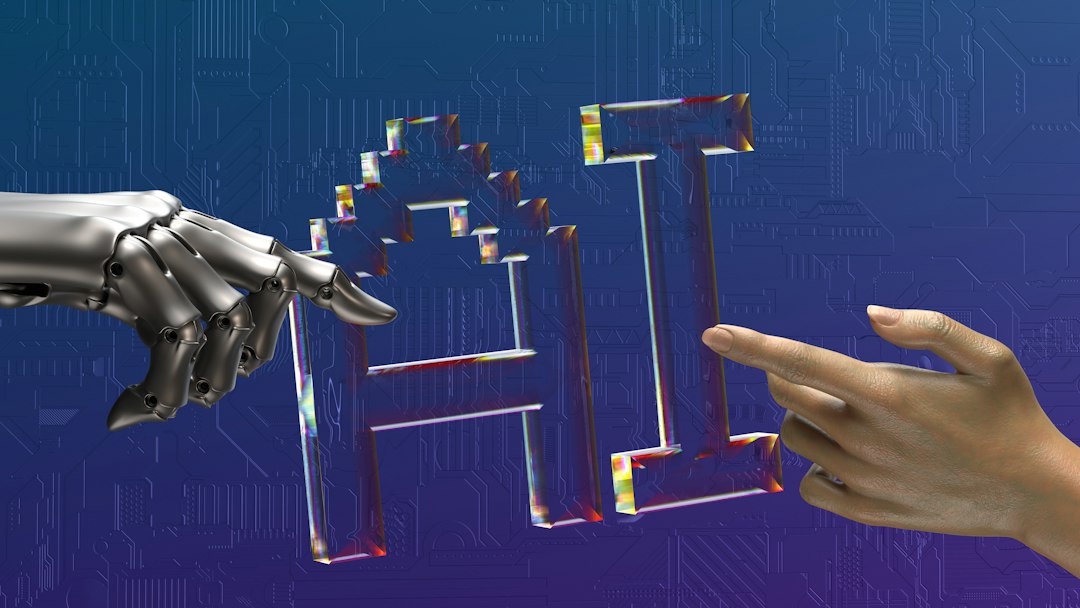 GEO generative engine optimization : le guide concret pour TPE/PME 2 Une main humaine et une main de robot se tendent l'une vers l'autre devant les lettres « AI » sur fond sombre