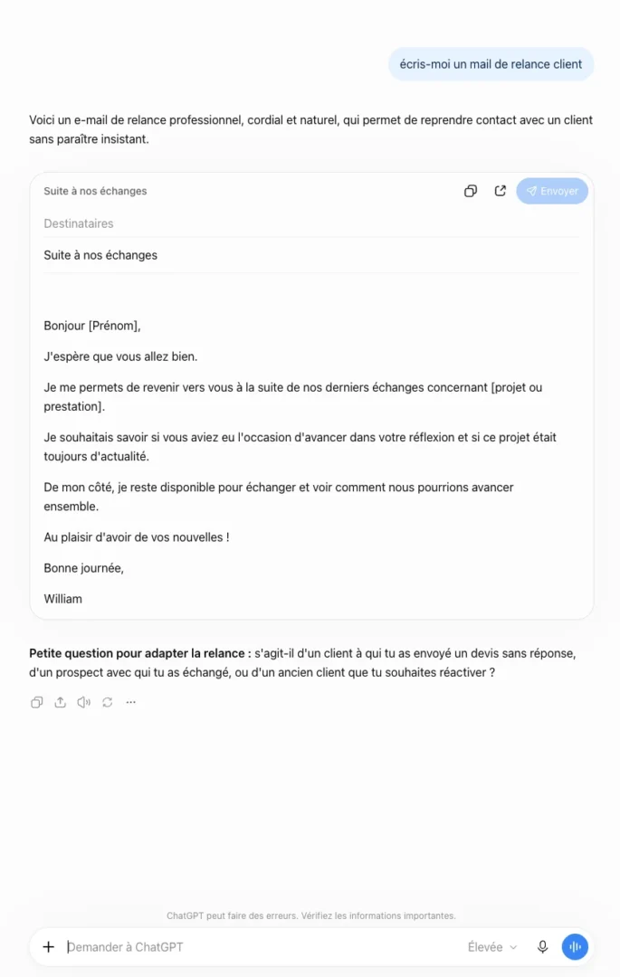 Formation ChatGPT en entreprise : ce que les réclamations client m'ont appris 2 Capture ChatGPT : la consigne « écris-moi un mail de relance client » et le mail générique qu'elle produit, avec des champs à compléter