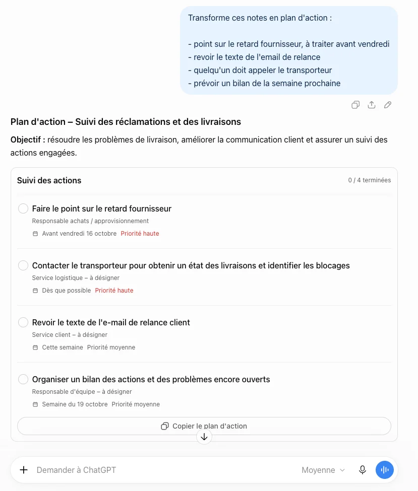 Formation ChatGPT en entreprise : ce que les réclamations client m'ont appris 6 Capture ChatGPT : un plan d'action généré à partir de notes brutes, avec des responsables, des priorités et des échéances qui n'existaient pas dans les notes