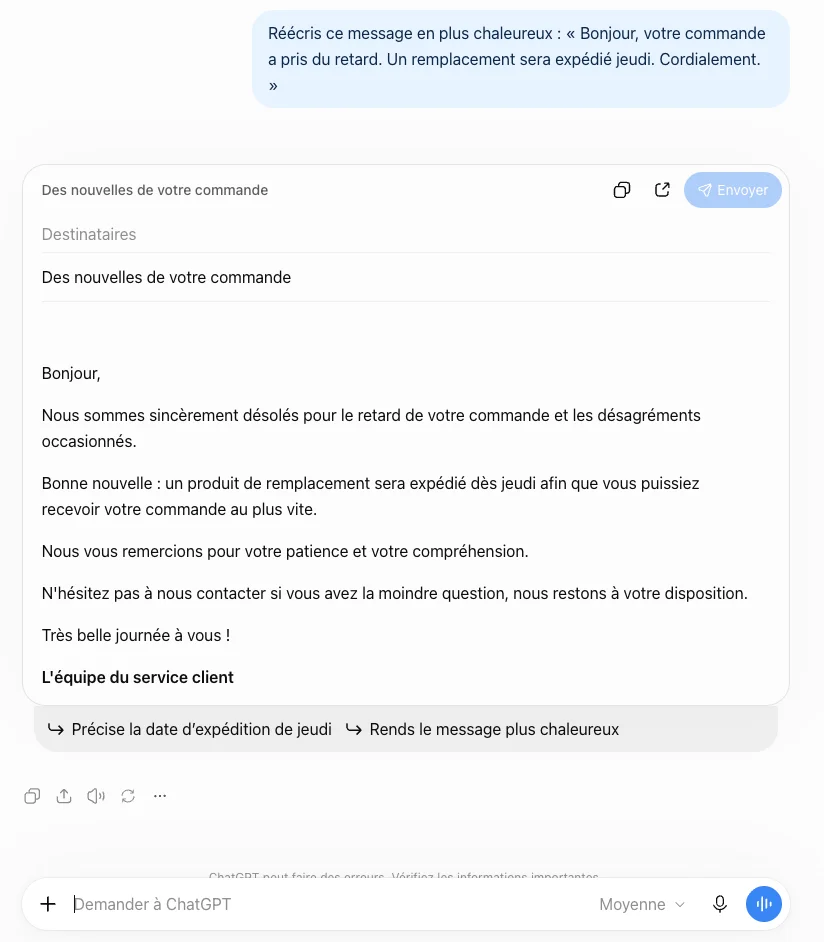 Formation ChatGPT en entreprise : ce que les réclamations client m'ont appris 4 Capture ChatGPT : réécriture « en plus chaleureux » sans charte de ton, qui donne un message aux formules toutes faites