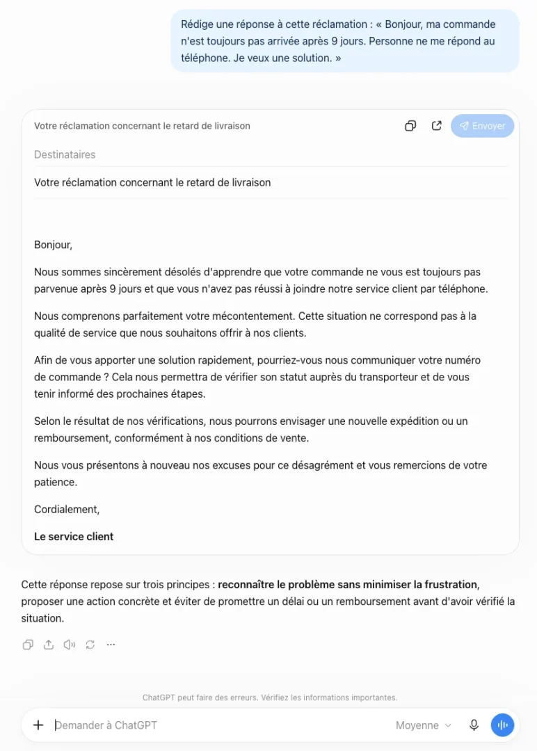 Formation ChatGPT en entreprise : ce que les réclamations client m'ont appris 3 Capture ChatGPT : réponse à une réclamation client sans consigne de longueur, un message long avec des formules d'excuse génériques